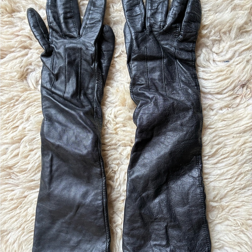 Long Black Leather Gloves w/ Cashmere Lining